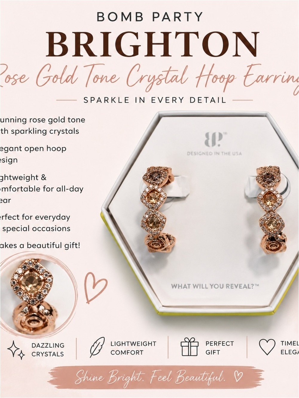 Brighton Rose Gold Tone Crystal Hoop Earrings